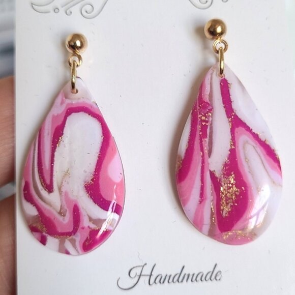 Boho Pink White Agate Gemstone Gold Ball Stud Drop Dangle Teardrop Earrings - Picture 1 of 7